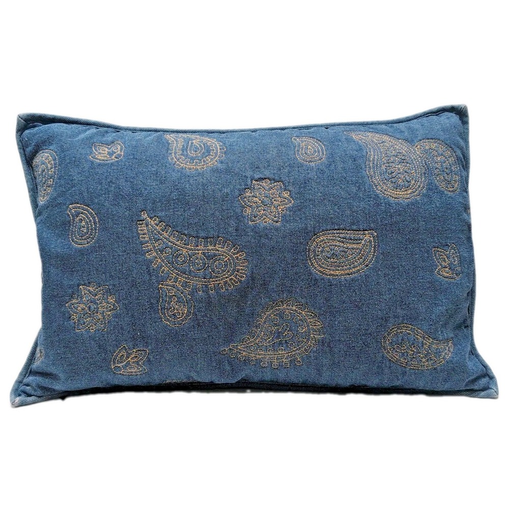 Blue Denim Embroidered Paisley Throw Pillow Rectangle Zipper Closure Boho 18x12